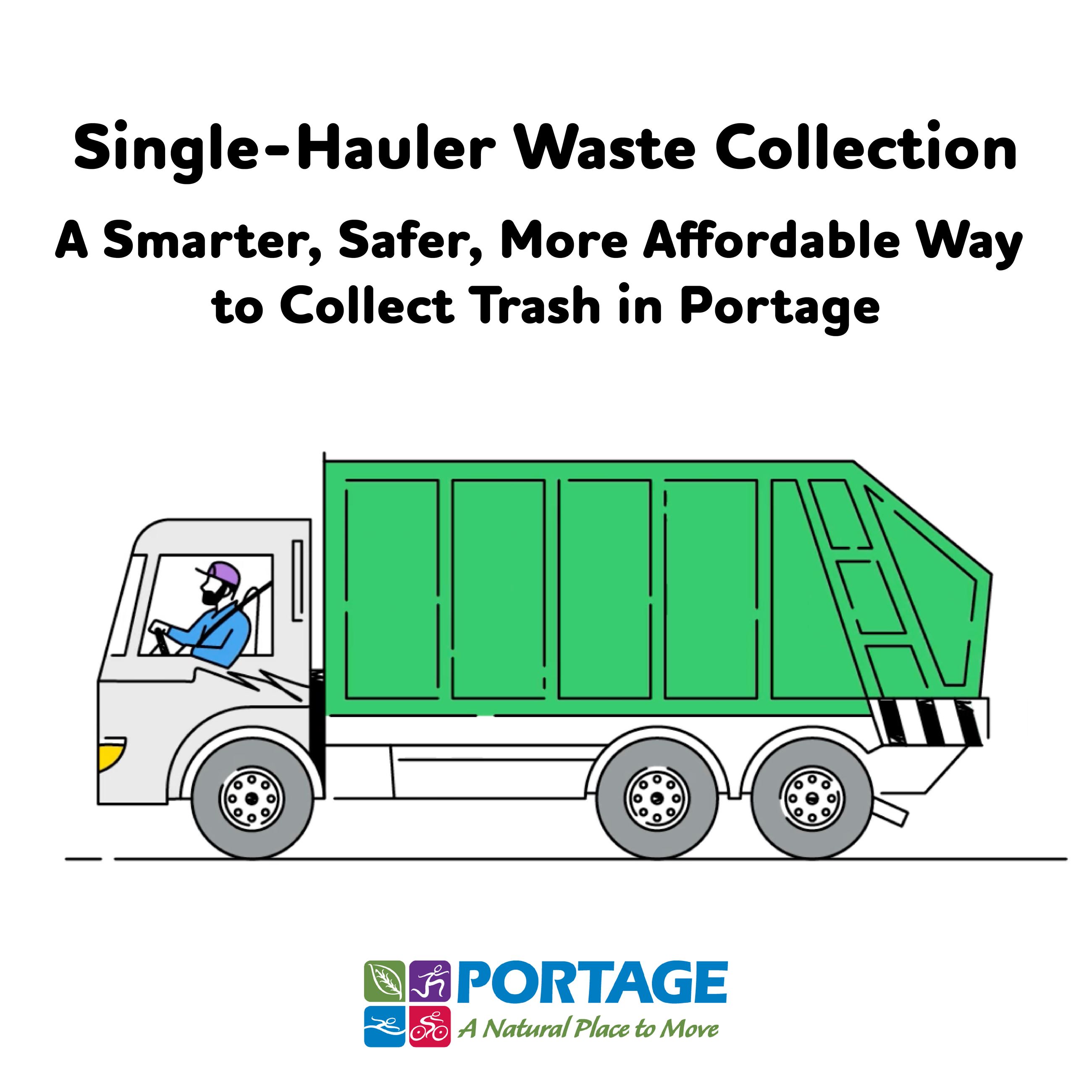 An image of a garbage truck with the words: Single-Hauler Waste Collection A Smarter, Safer, More Af