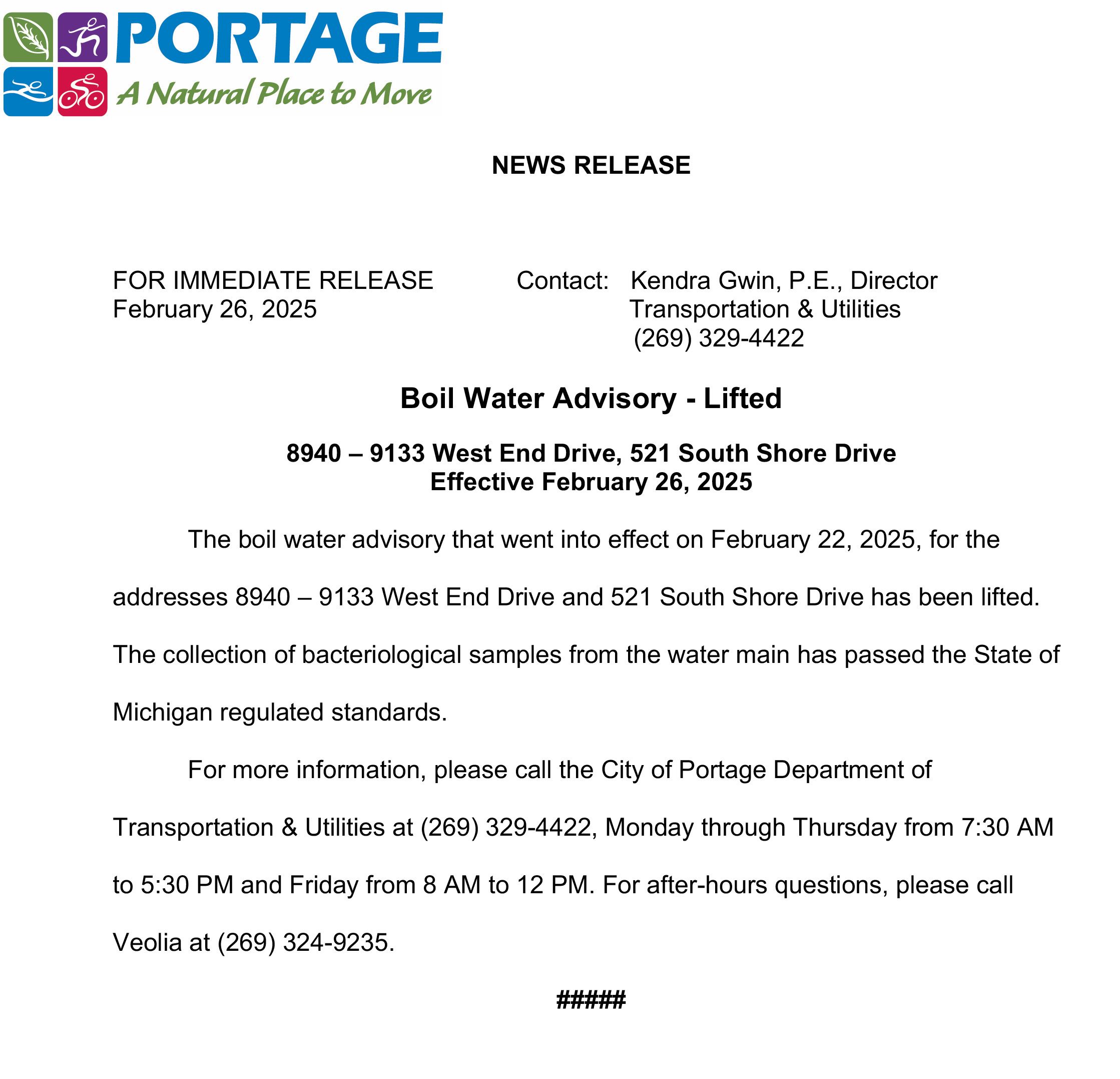2025 02-26 Boil Water Advisory West End- Lifted