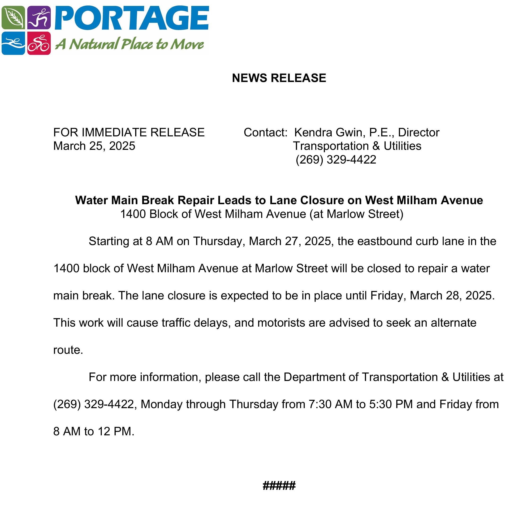 2025 03-25 West Milham Avenue at Marlow Street Lane Closure (Water Main Repair)