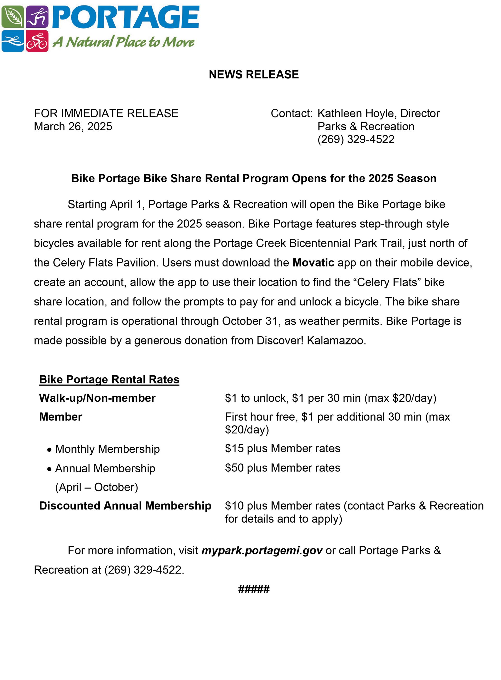 2025 03-26 Bike Portage Bike Share Rental Program Opens for Season