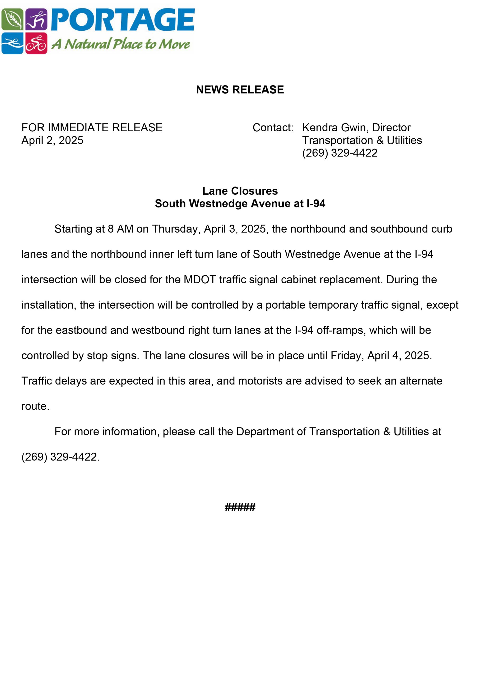 2025 04-02 South Westnedge Avenue Lane Closures at I-94_