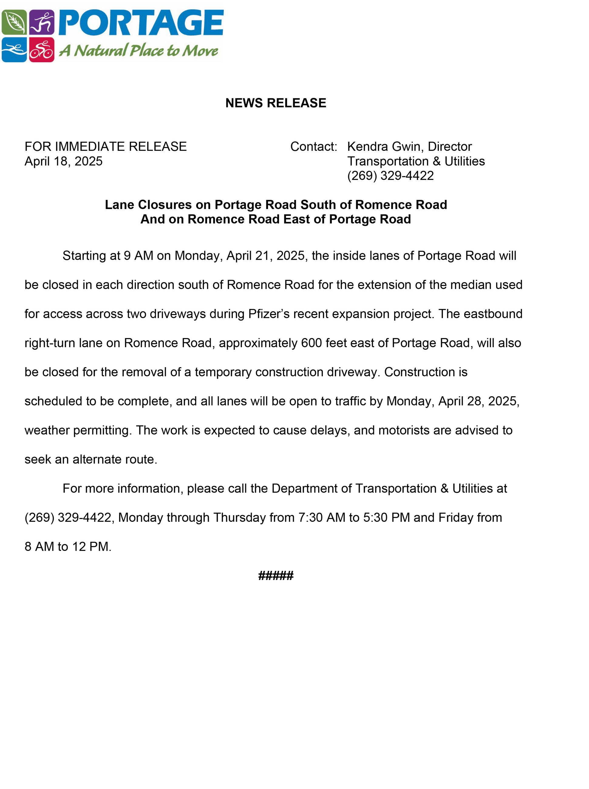2025-04-18 Portage Road and Romence Road Lane Closures - Pfizer
