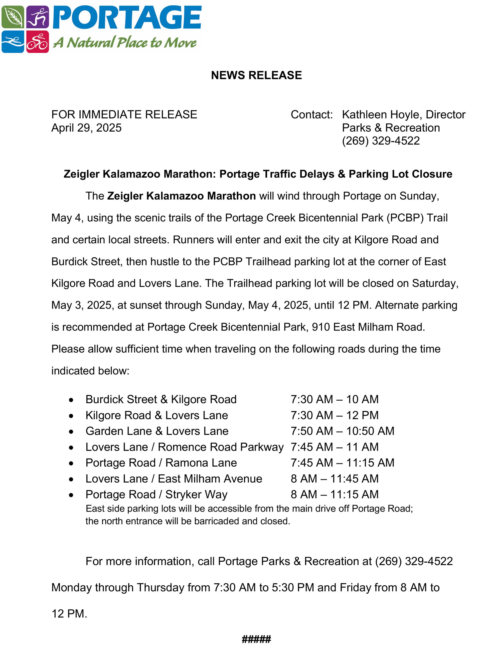 2025 04-29 Zeigler Kalamazoo Marathon Traffic Delays and Parking Lot Closure