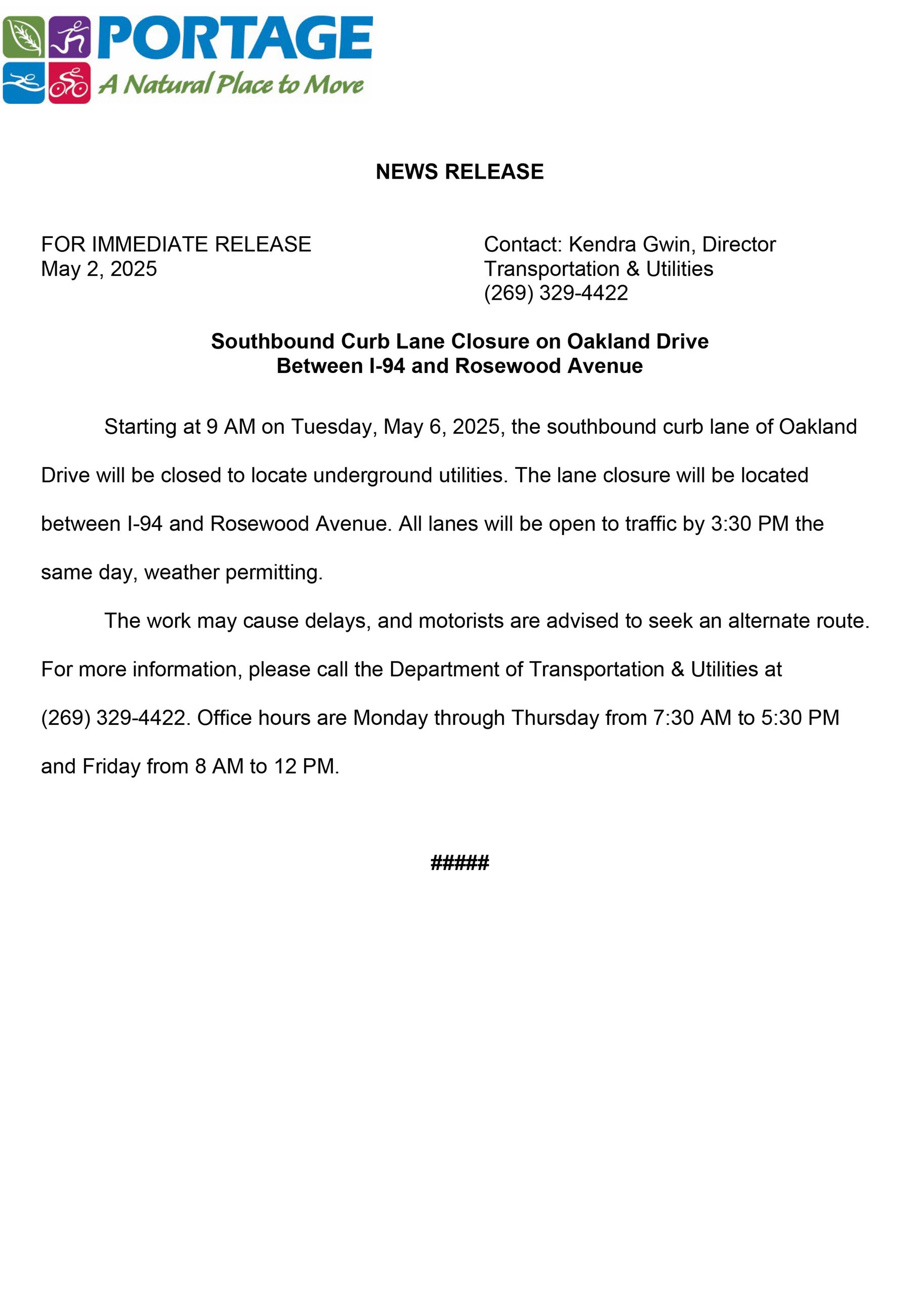 2025 05-06 5625 Oakland Drive Curb Lane Closure