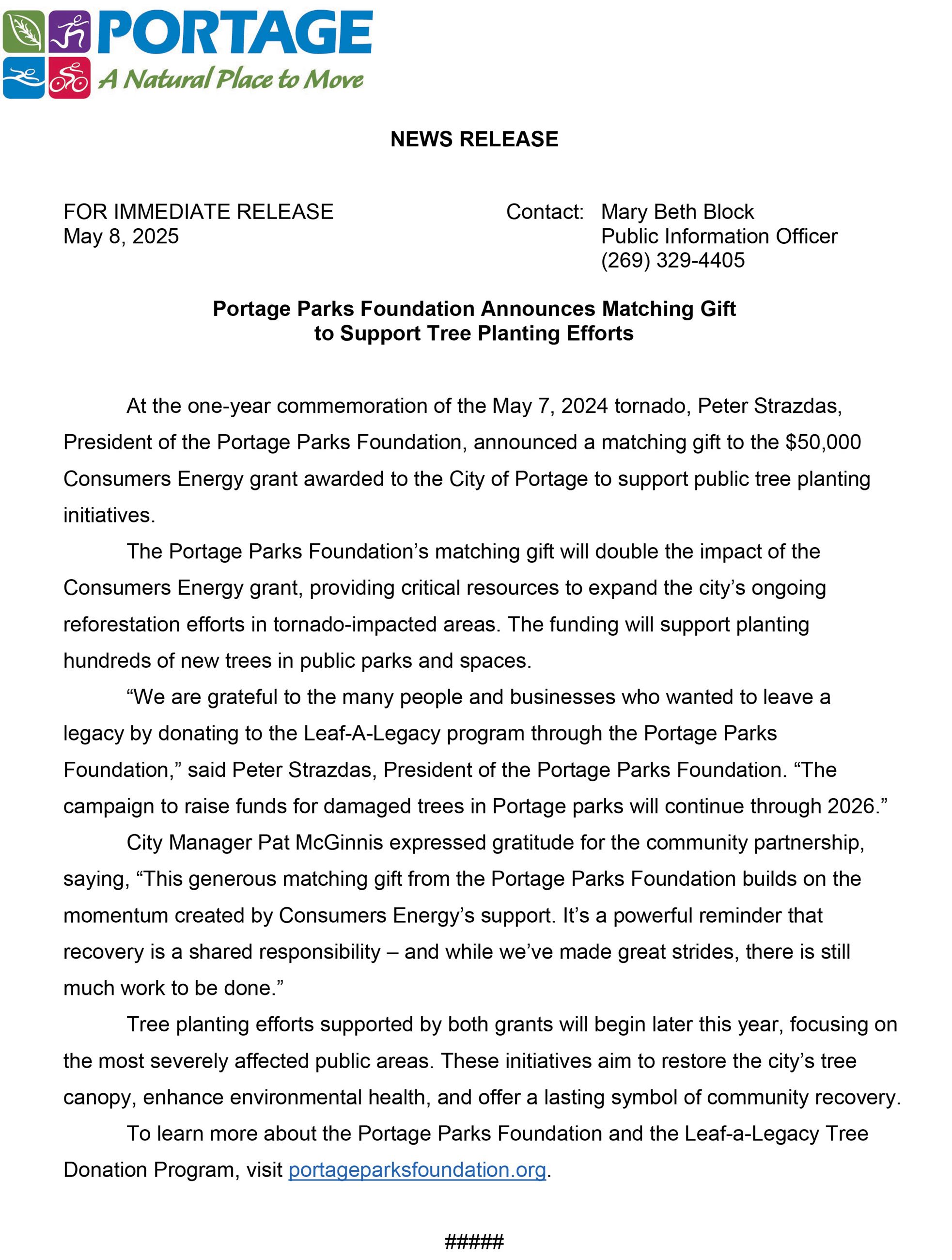 2025 05-08 Portage Parks Foundation Matching Gift