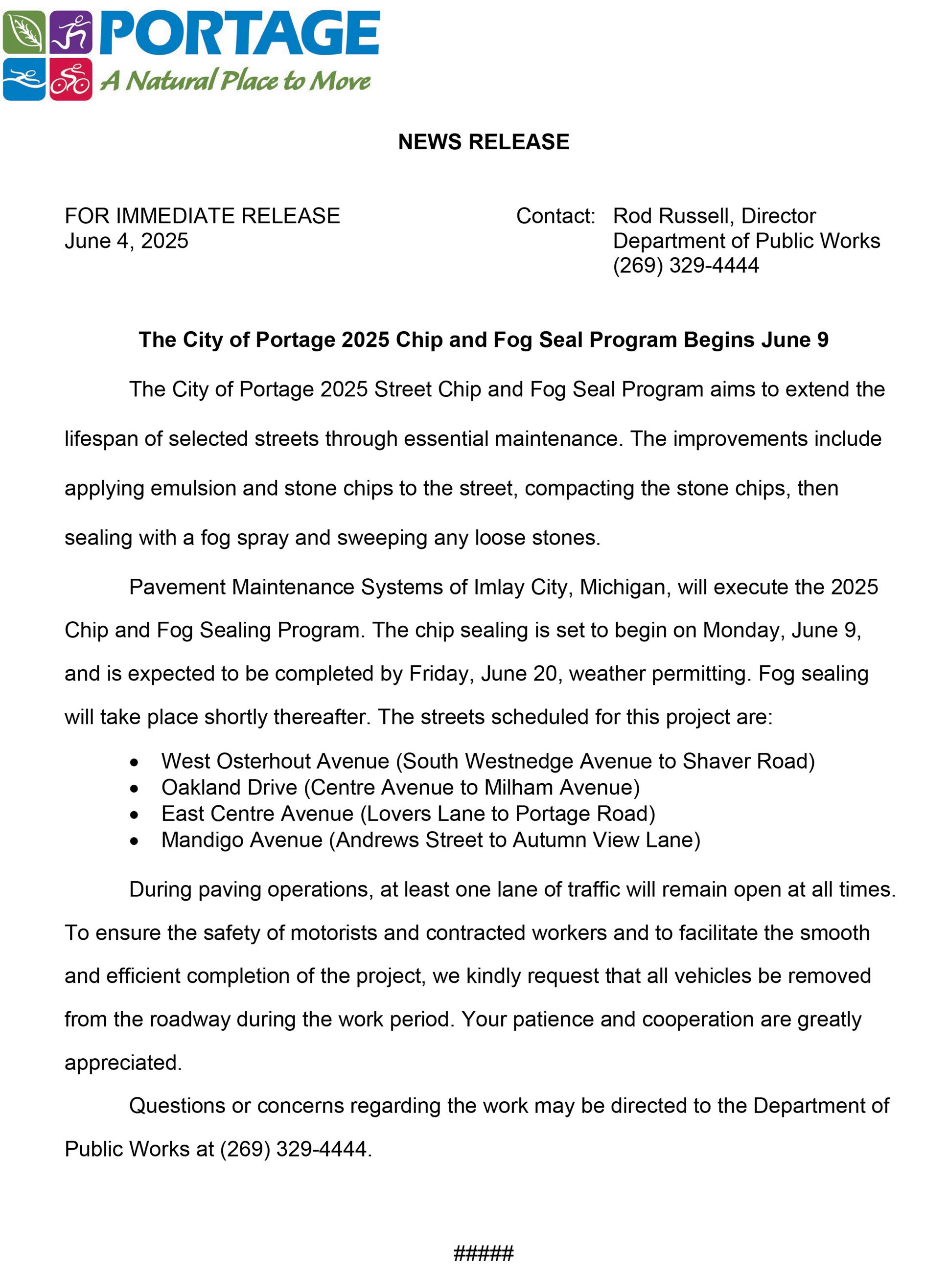 2025 06-04 City of Portage 2025 Chip and Fog Seal Program