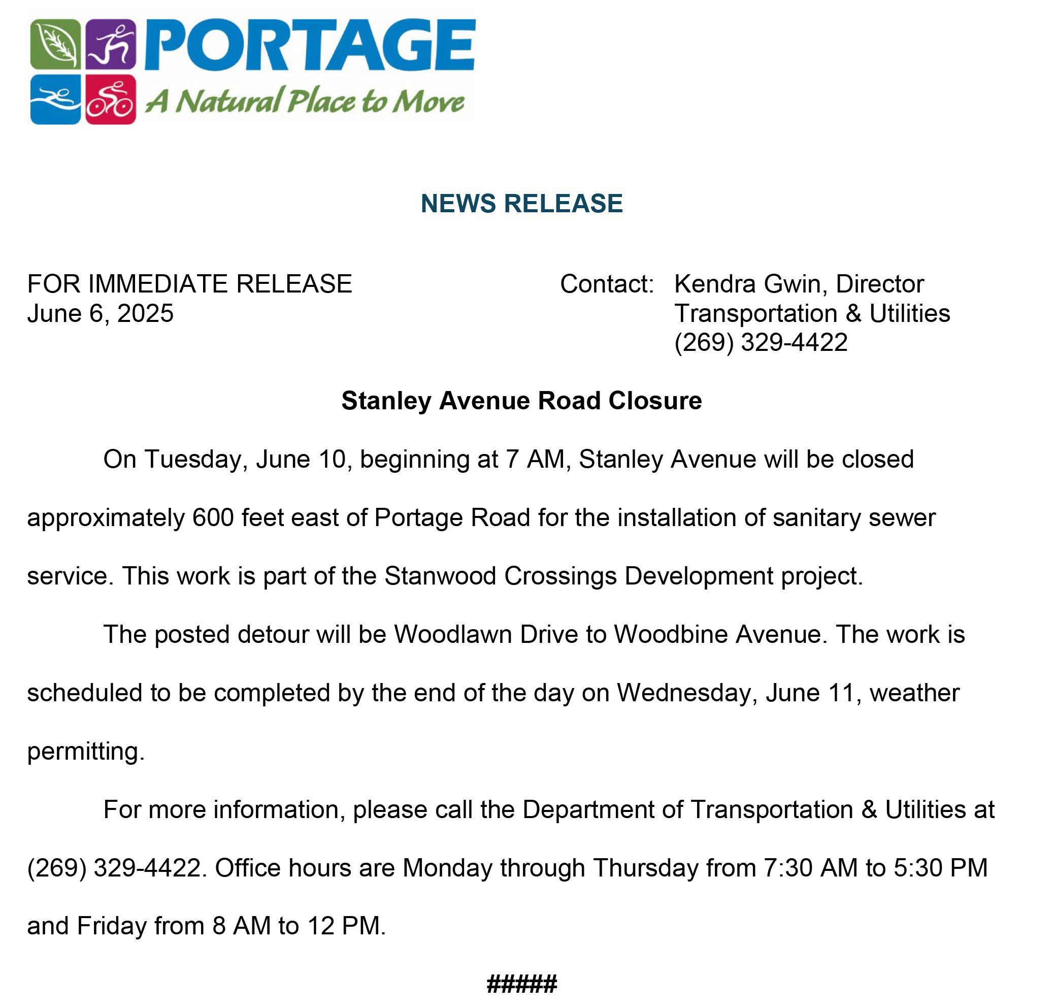 2025 06-06 Stanley Avenue Road Closure