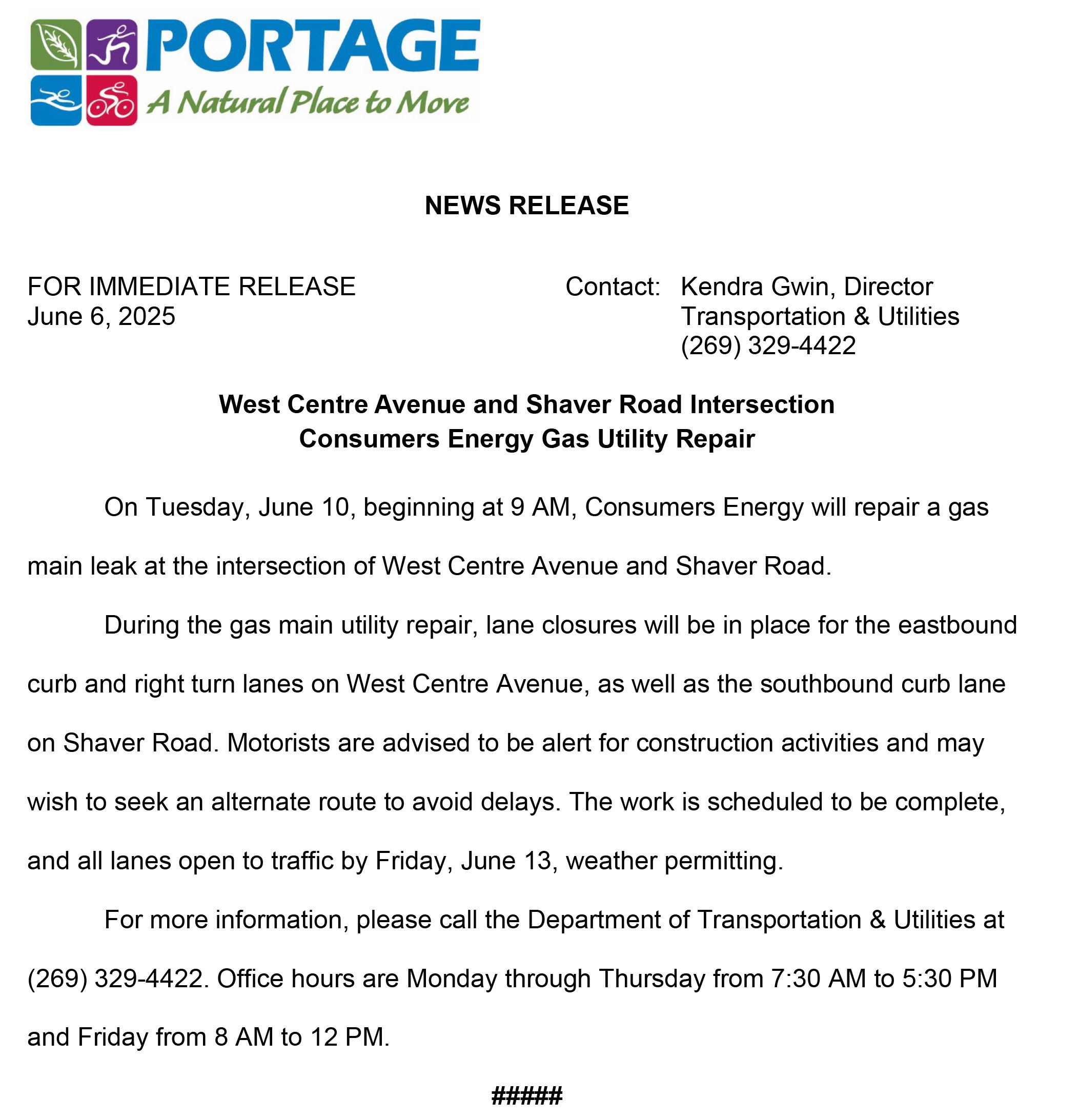 2025 06-06 W Centre Avenue and Shaver Road Consumers Gas Repair