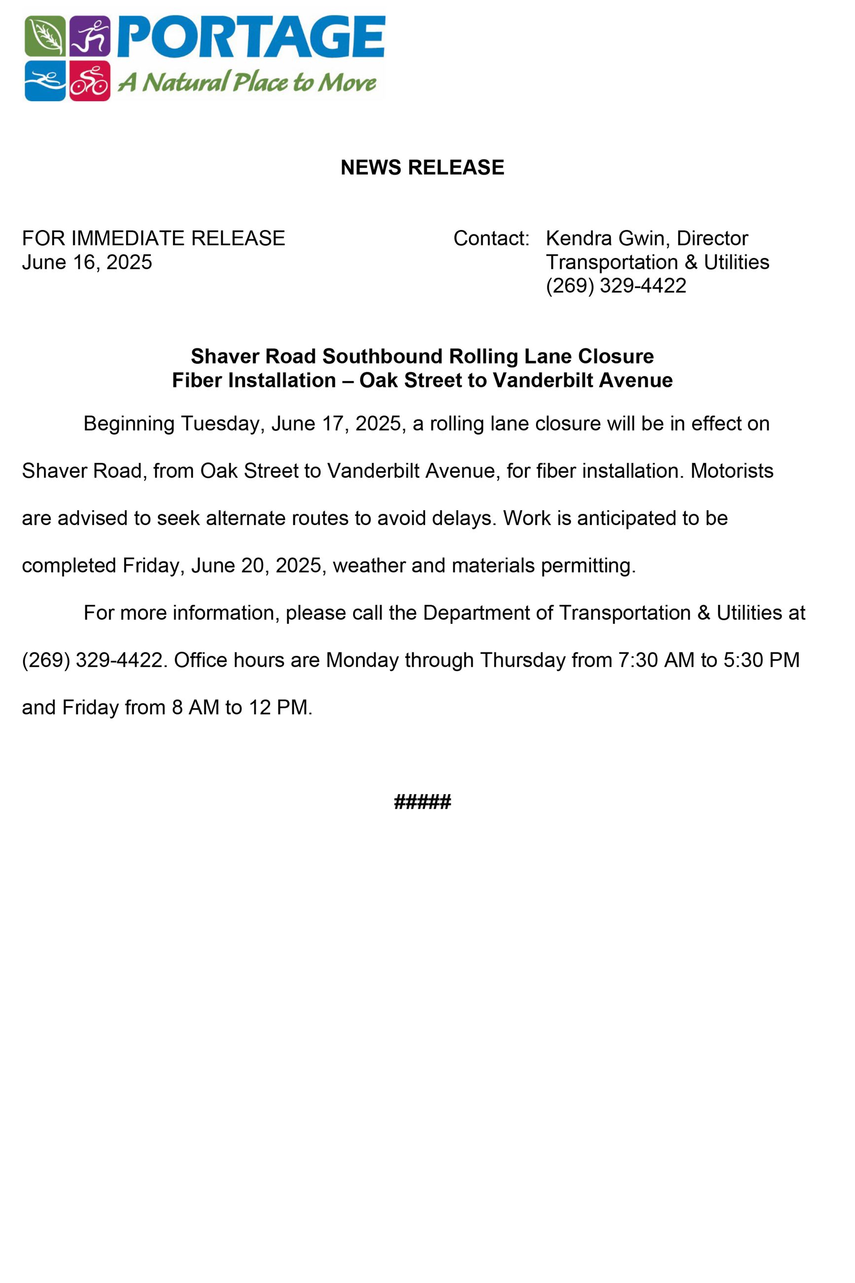 2025 06-16 Shaver Road Rolling Lane Closure