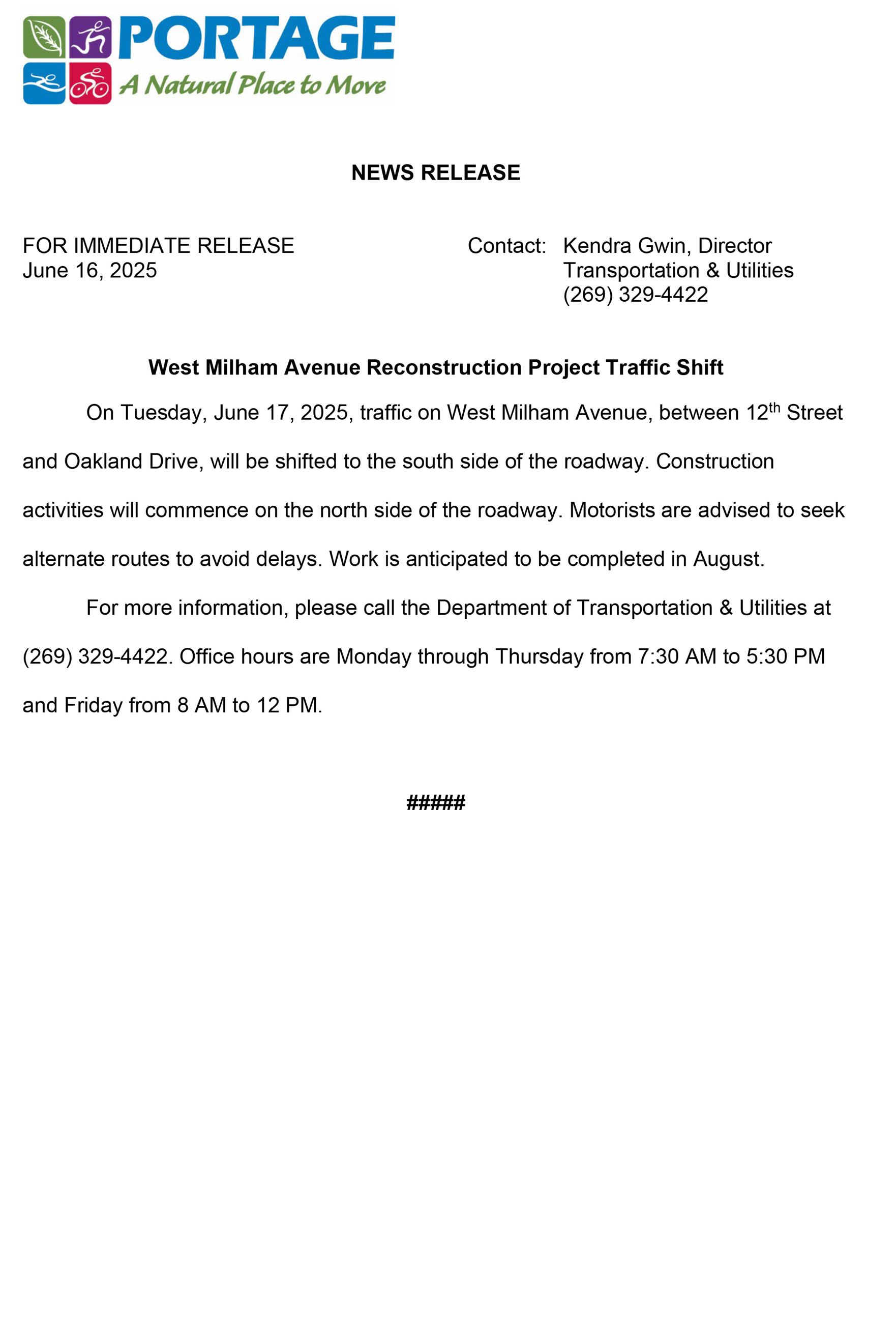 2025 06-16 W Milham Avenue Traffic Shift