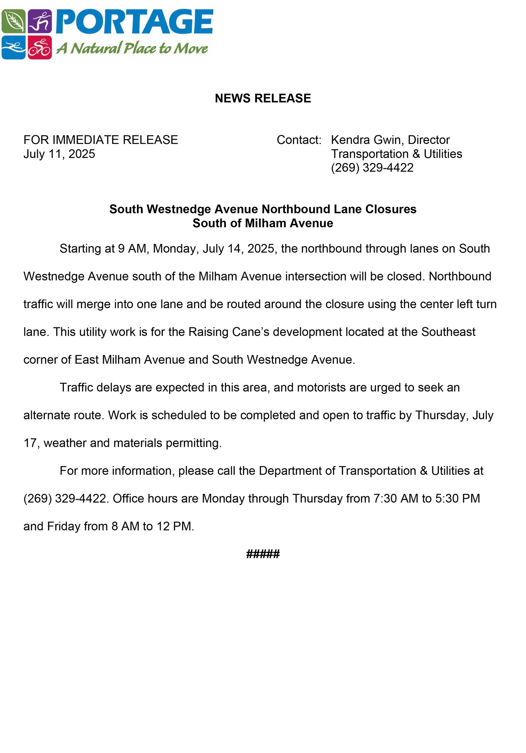 2025 07-11 S Westnedge Lane Closures