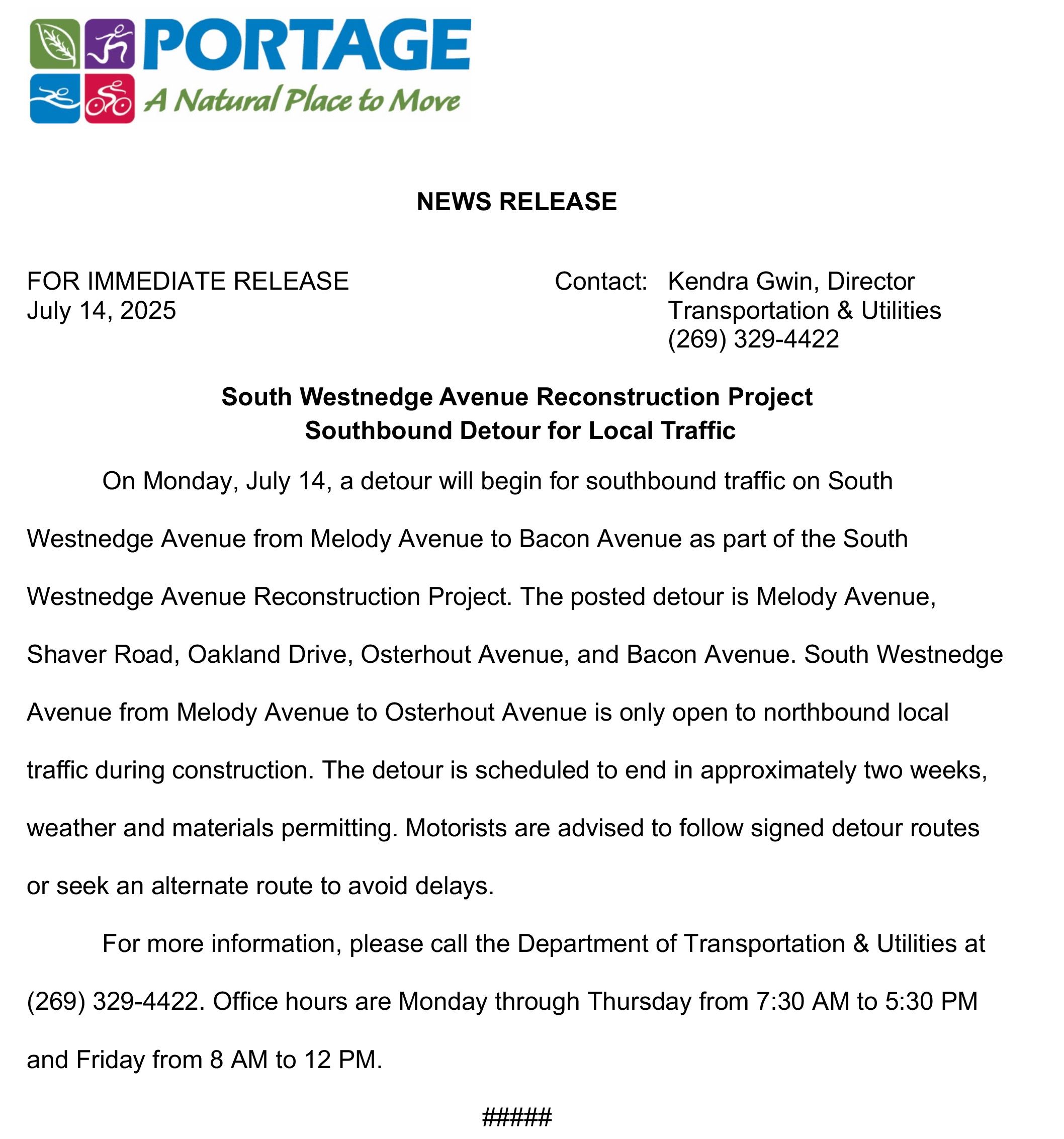 2025 07-14 S Westnedge Road Southbound Detour