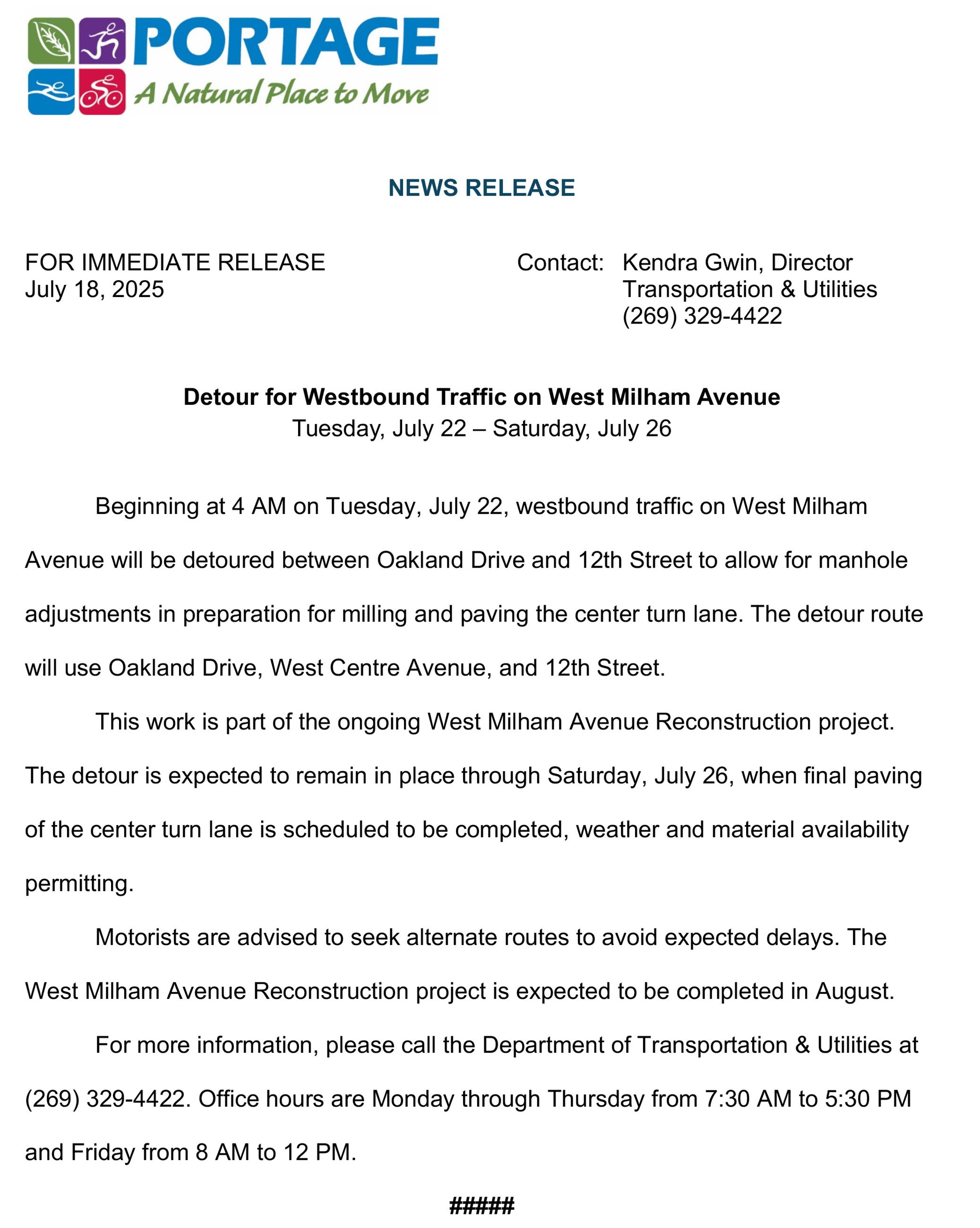 2025 07-18 West Milham Avenue WB Detour