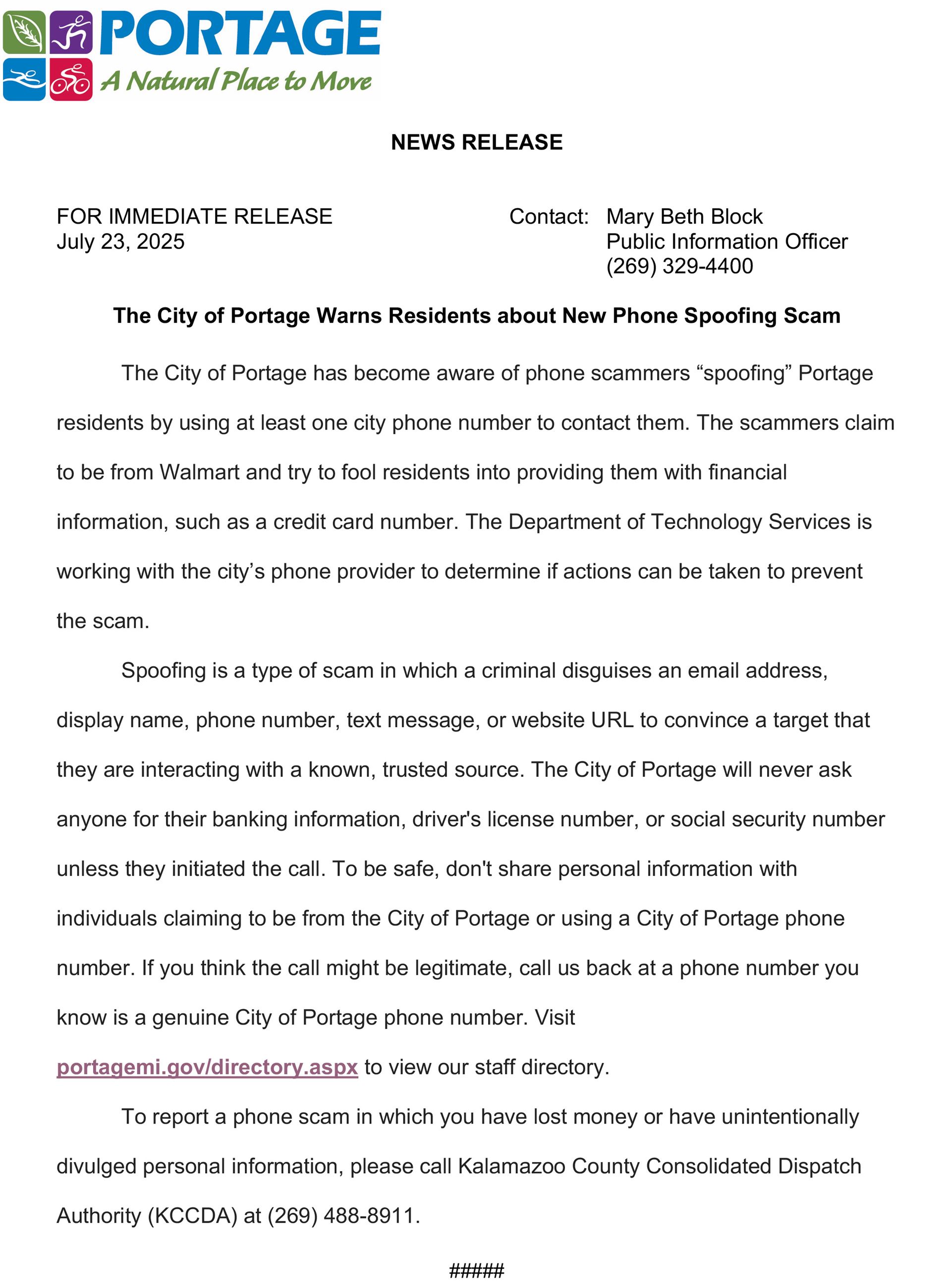 2025 07-23 City of Portage Warns Residents of New Phone Spoofing Scam