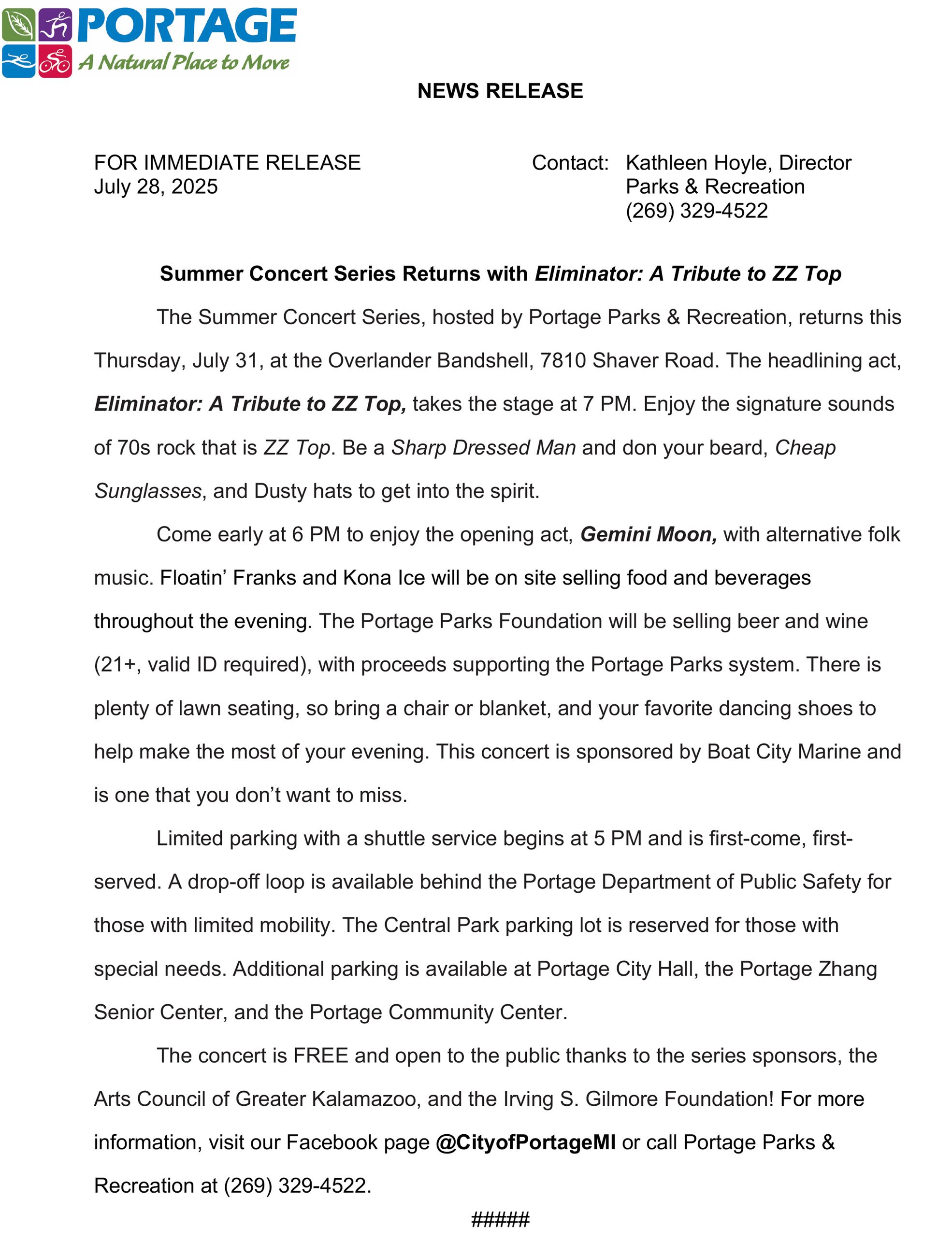 2025 07-28 Summer Concert Series Eliminator ZZ Top Tribute