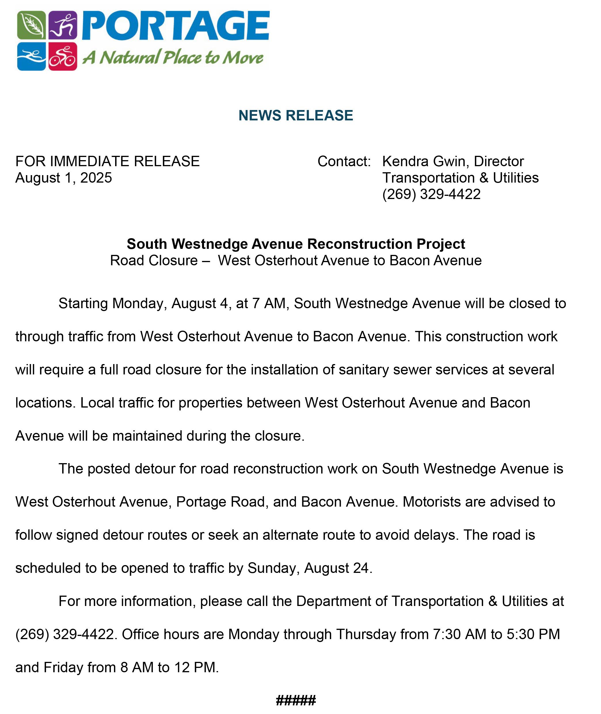 2025 08-01 South Westnedge Avenue Road Closure