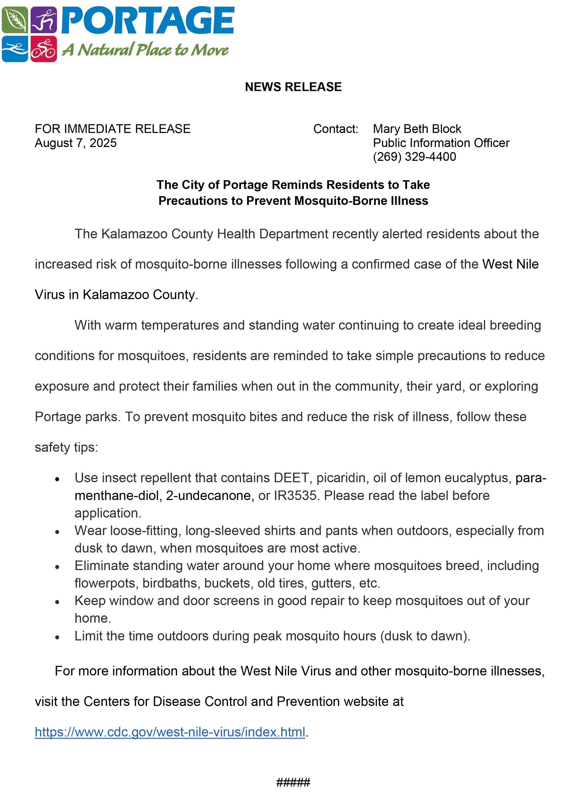 2025 08-7 City of Portage Mosquito Borne Illness Precautions
