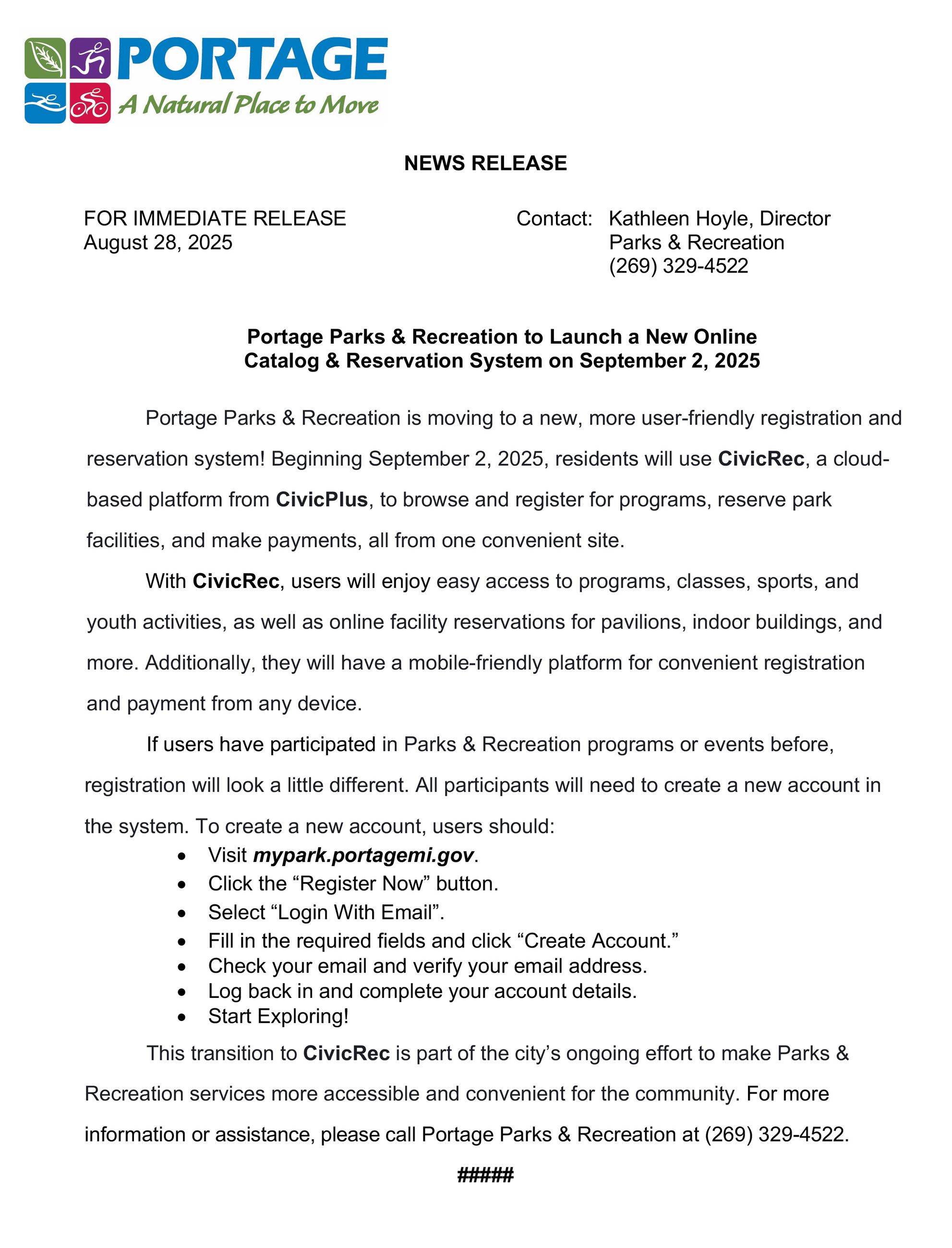 2025 08-28 Portage Parks  Recreation To Launch A New Online Recreation Catalog Reservation System on