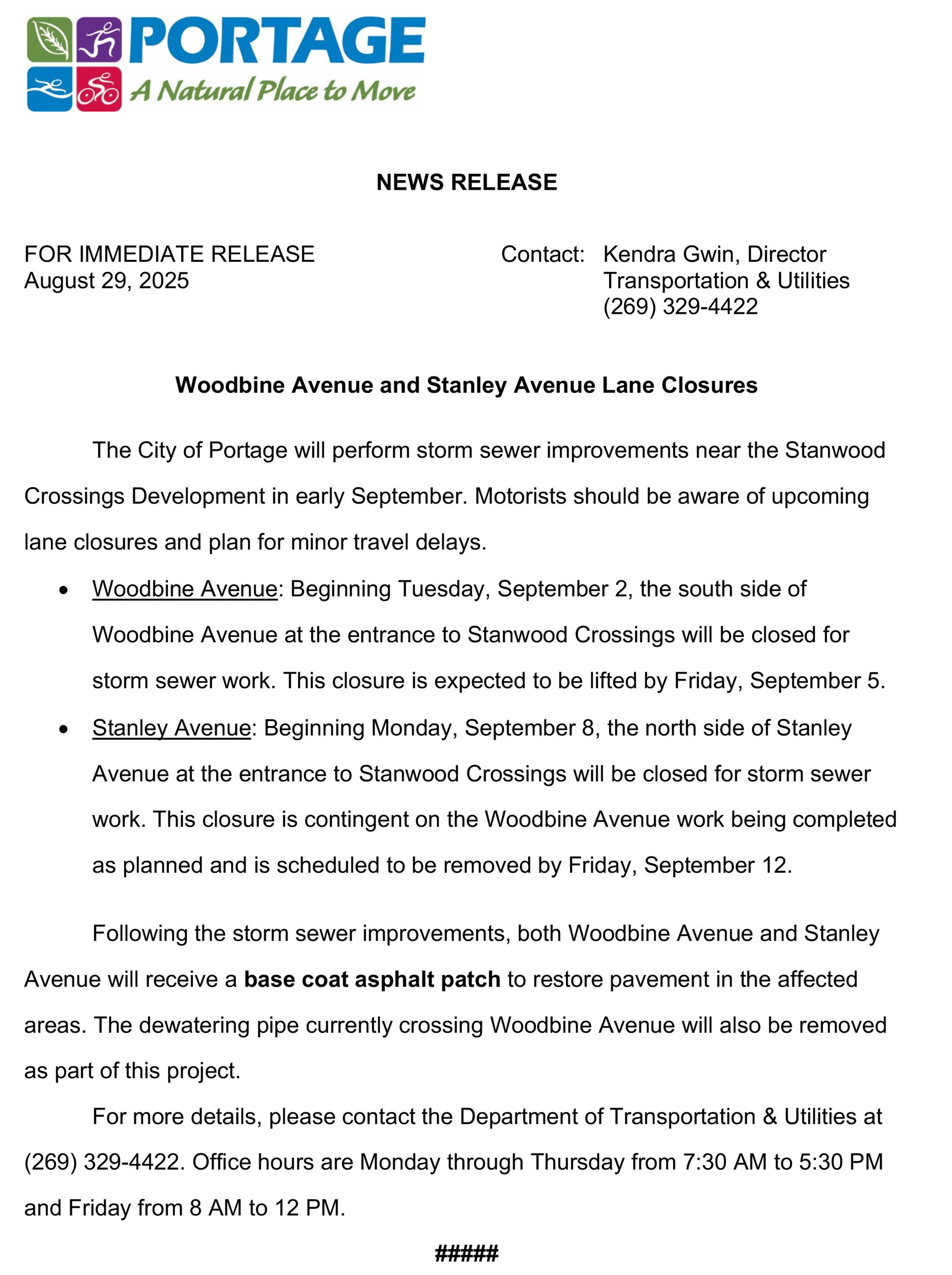 2025 08-29 Woodbine Avenue and Stanley Avenue Lane Closures
