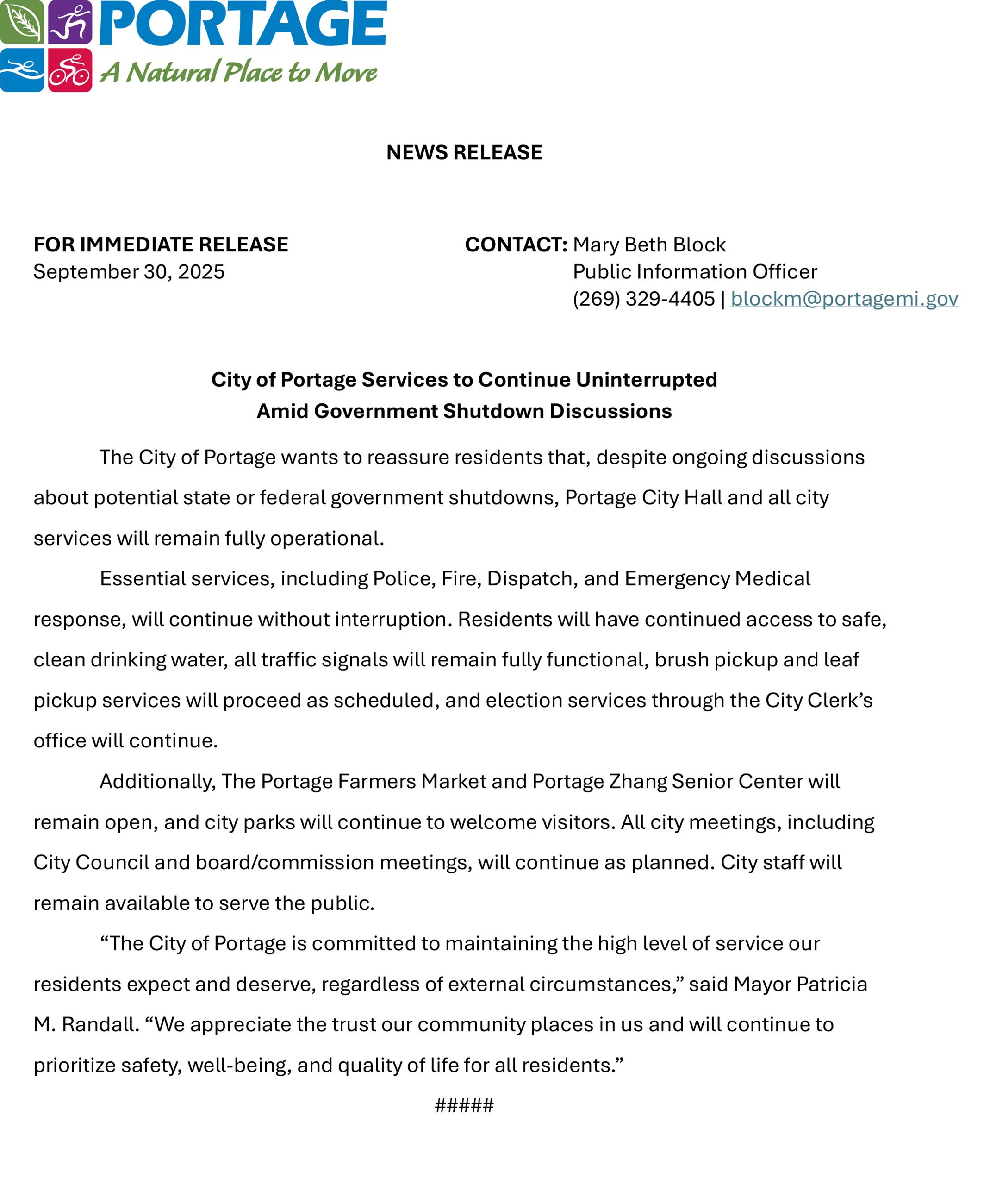 2025 09-30 COP Services Continue Amid Shutdown