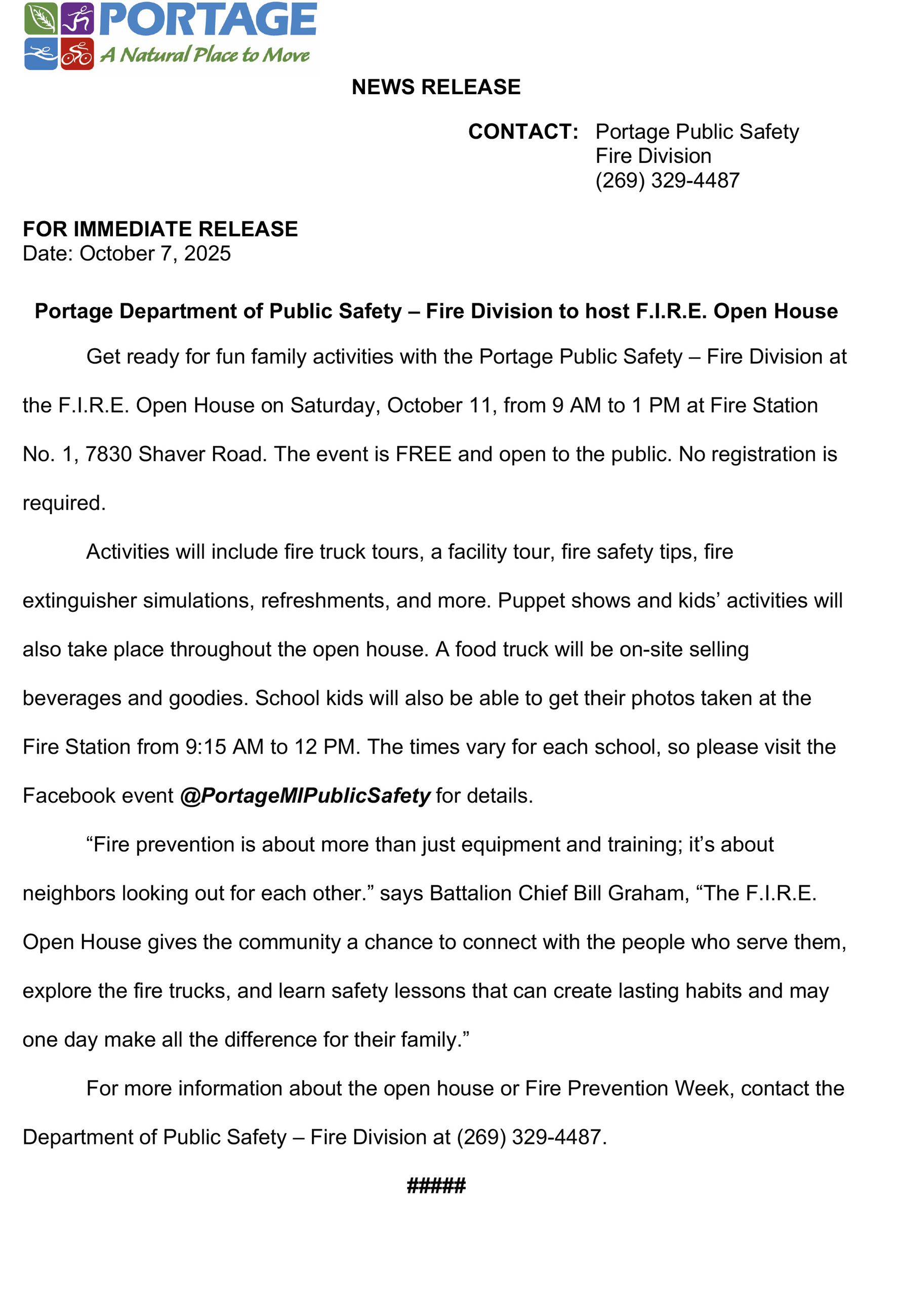 2025 10-7 Portage Department of Public Safety Fire Division to host FIRE Open House