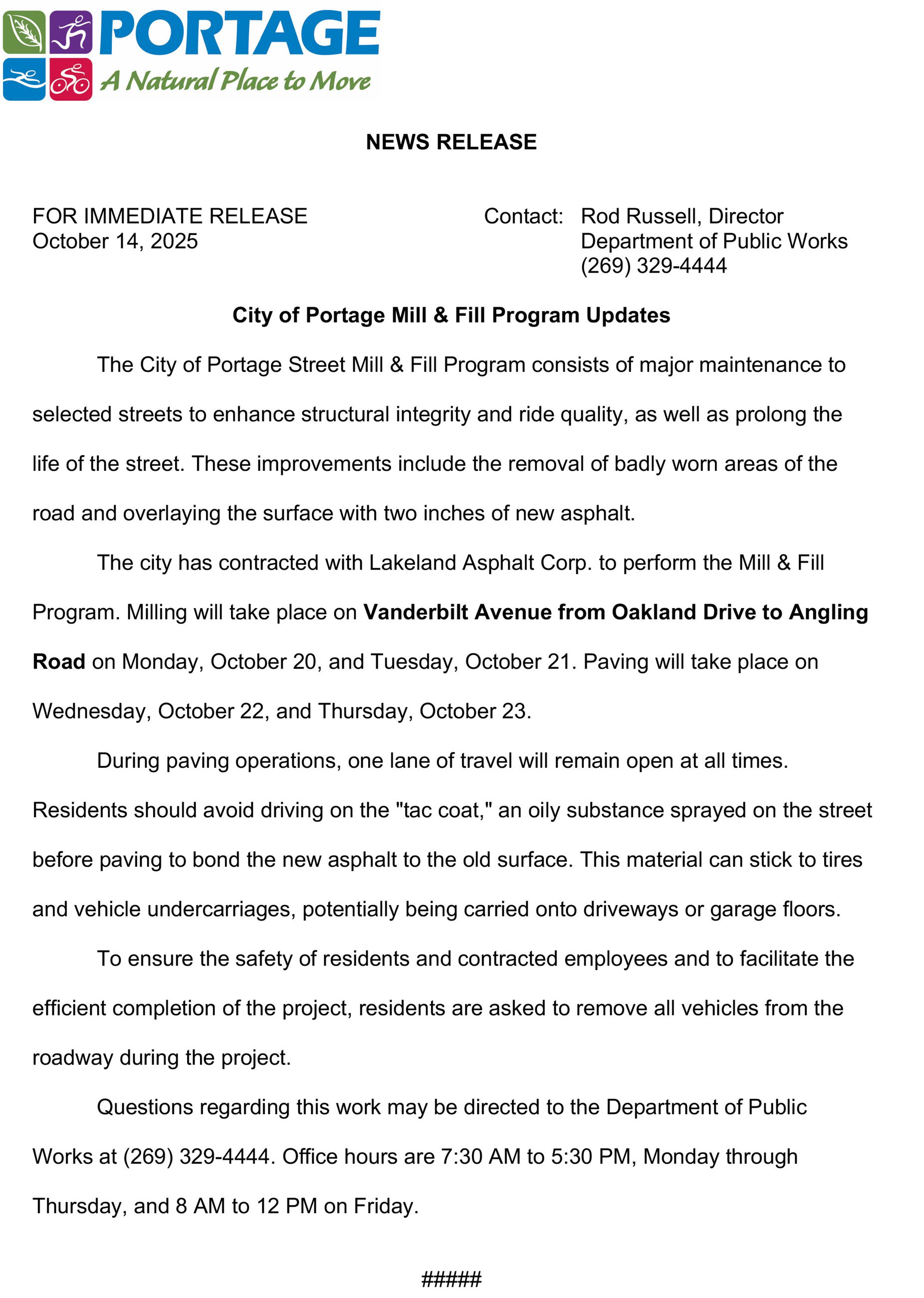 2025 10-14 City of Portage Mill  Fill Program Updates_