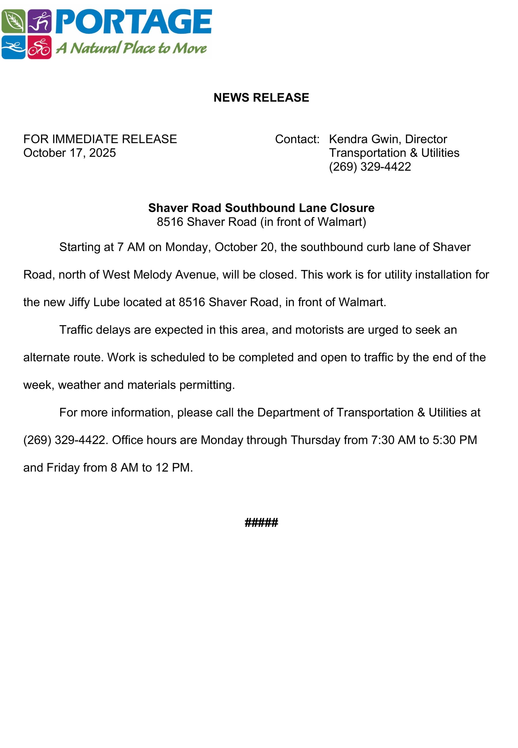 2025 10-17 Shaver Road Southbound Lane Closure