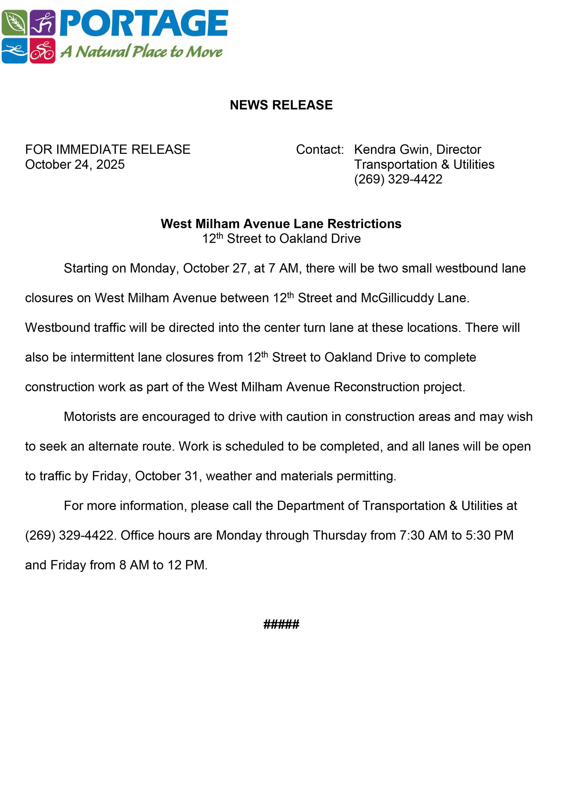 2025 10-24 West Milham Avenue Lane Restrictions